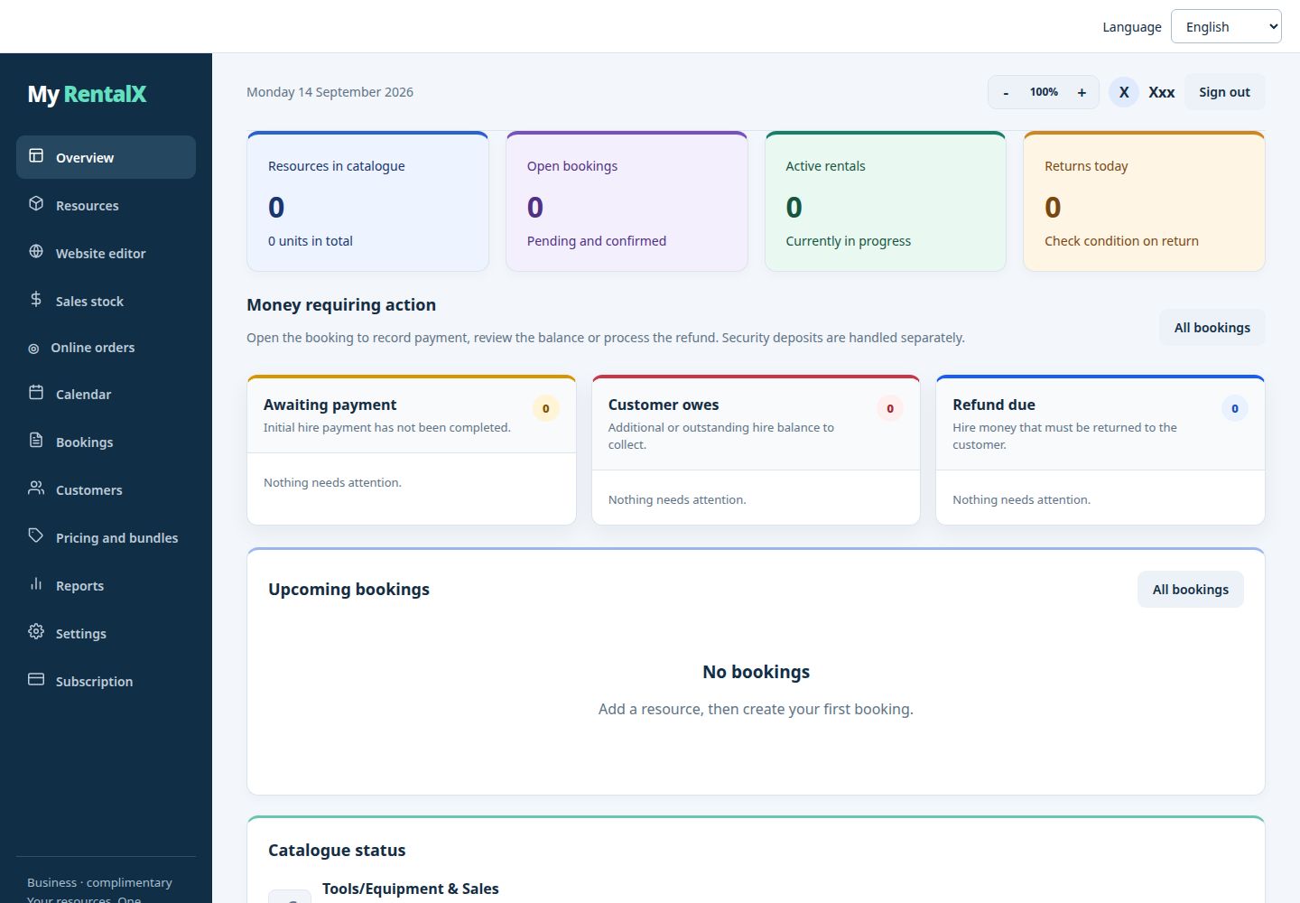 My RentalX dashboard showing rental resources, bookings, payments and returns
